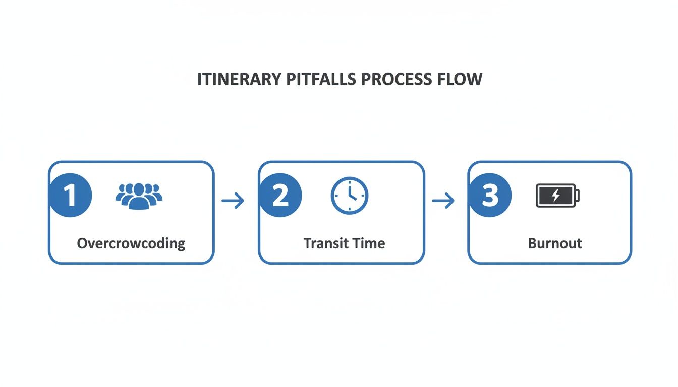 A process flow diagram titled 'Itinerary Pitfalls' showing overcrowding, transit time, and burnout.