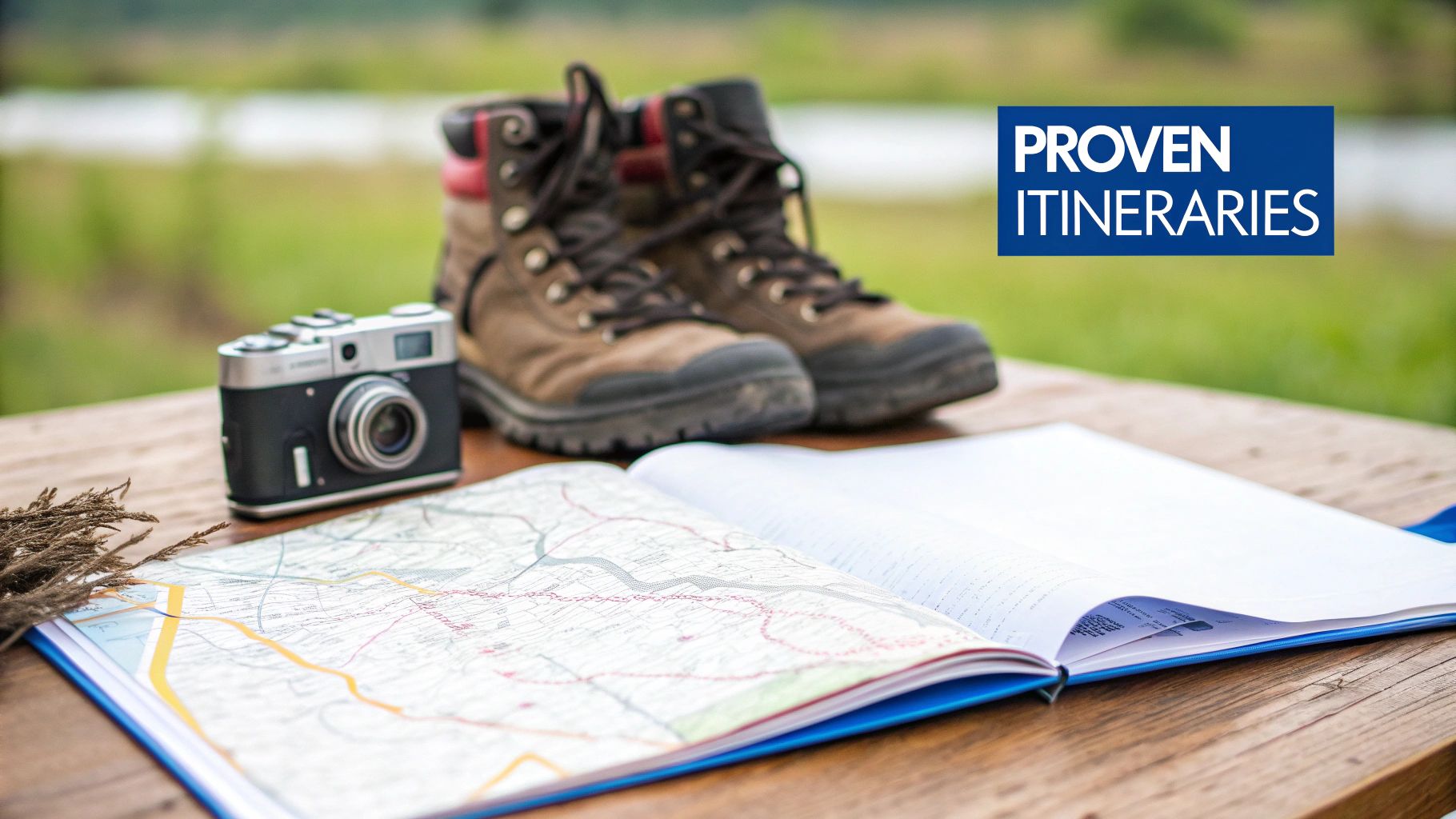 Hiking boots, a vintage camera, a map, and a notebook laid out for a planned adventure.
