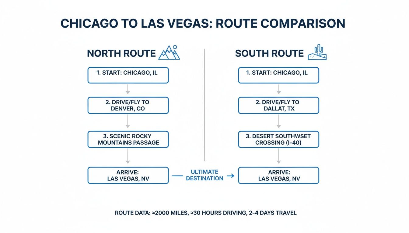 Flowchart comparing two travel routes from Chicago to Las Vegas: North via mountains and South via desert.
