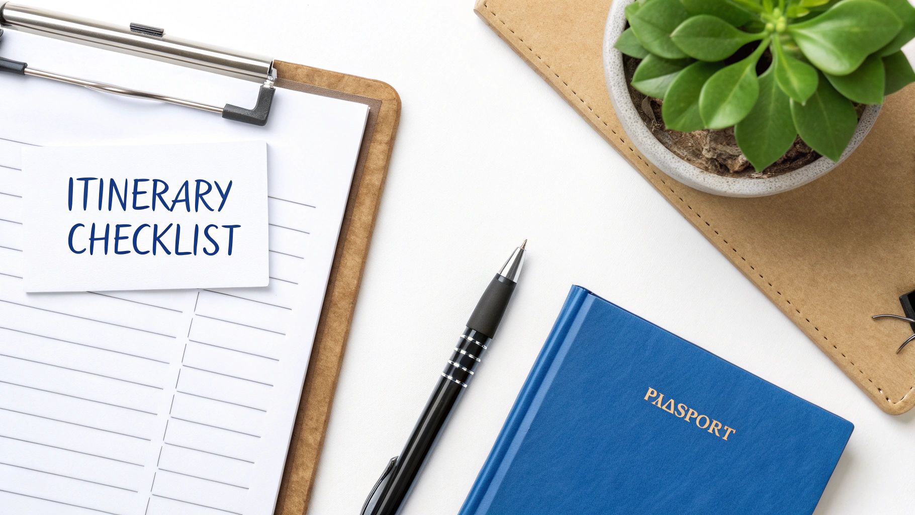 Overhead shot of a travel planning desk with an itinerary checklist, passport, pen, and plant.