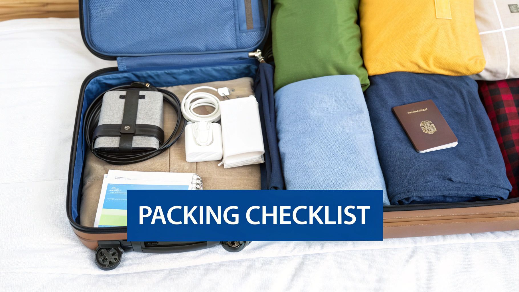 An open suitcase with neatly packed clothes, a passport, and travel essentials for a trip.