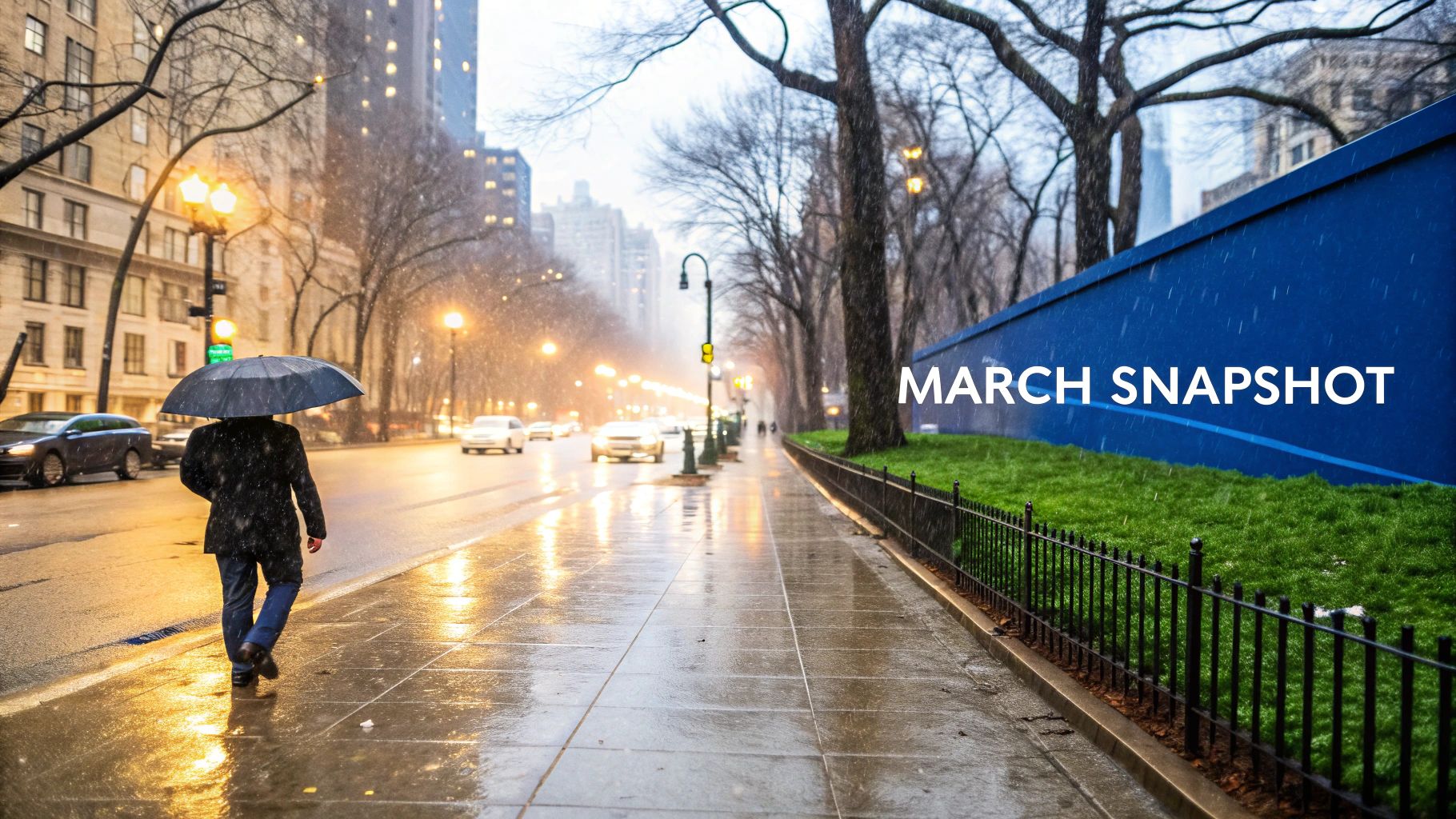 A person with an umbrella walks on a wet city street during a rainy evening in March.