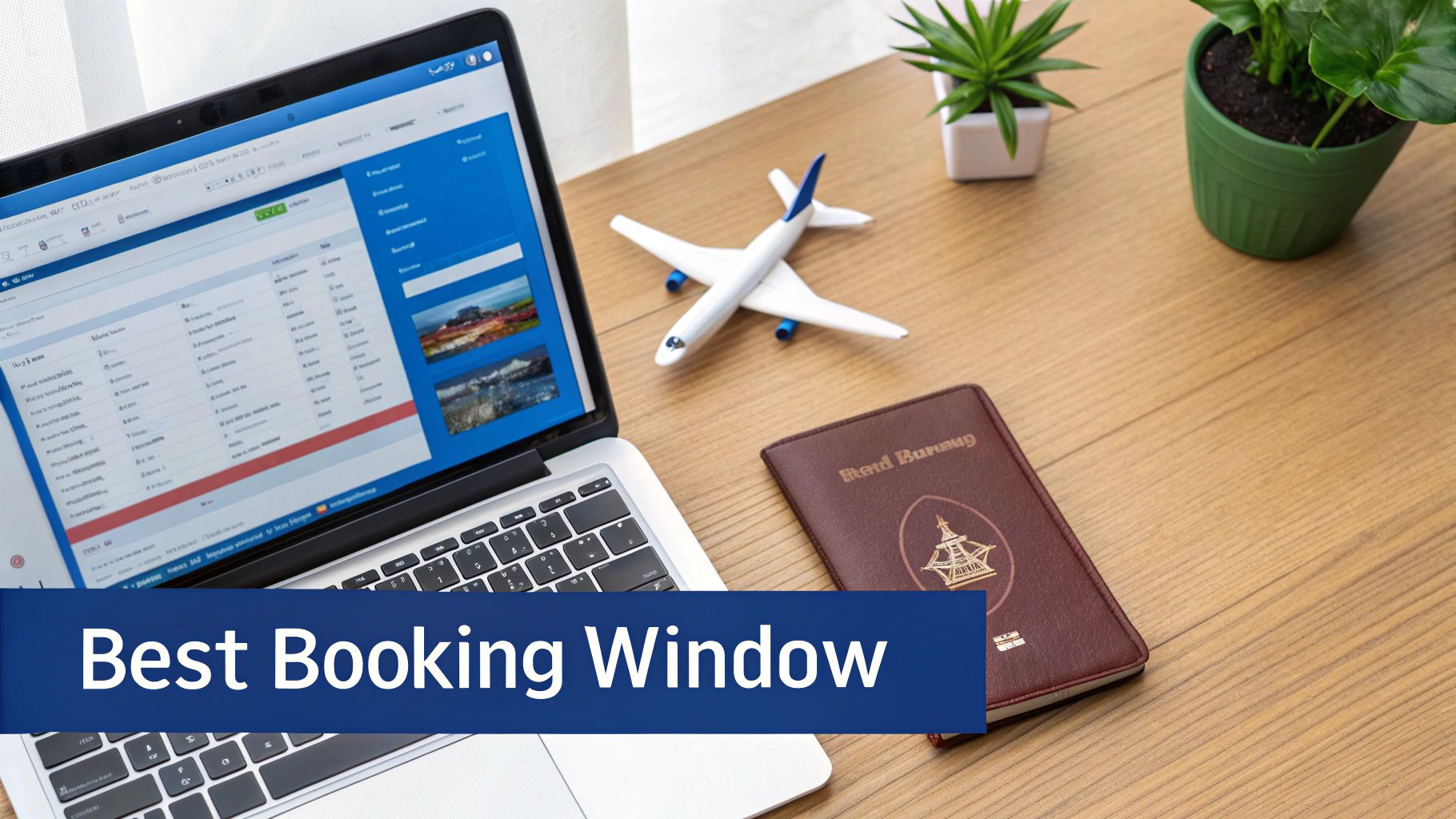 A laptop displaying a flight booking website with a toy airplane and passport on a wooden desk.