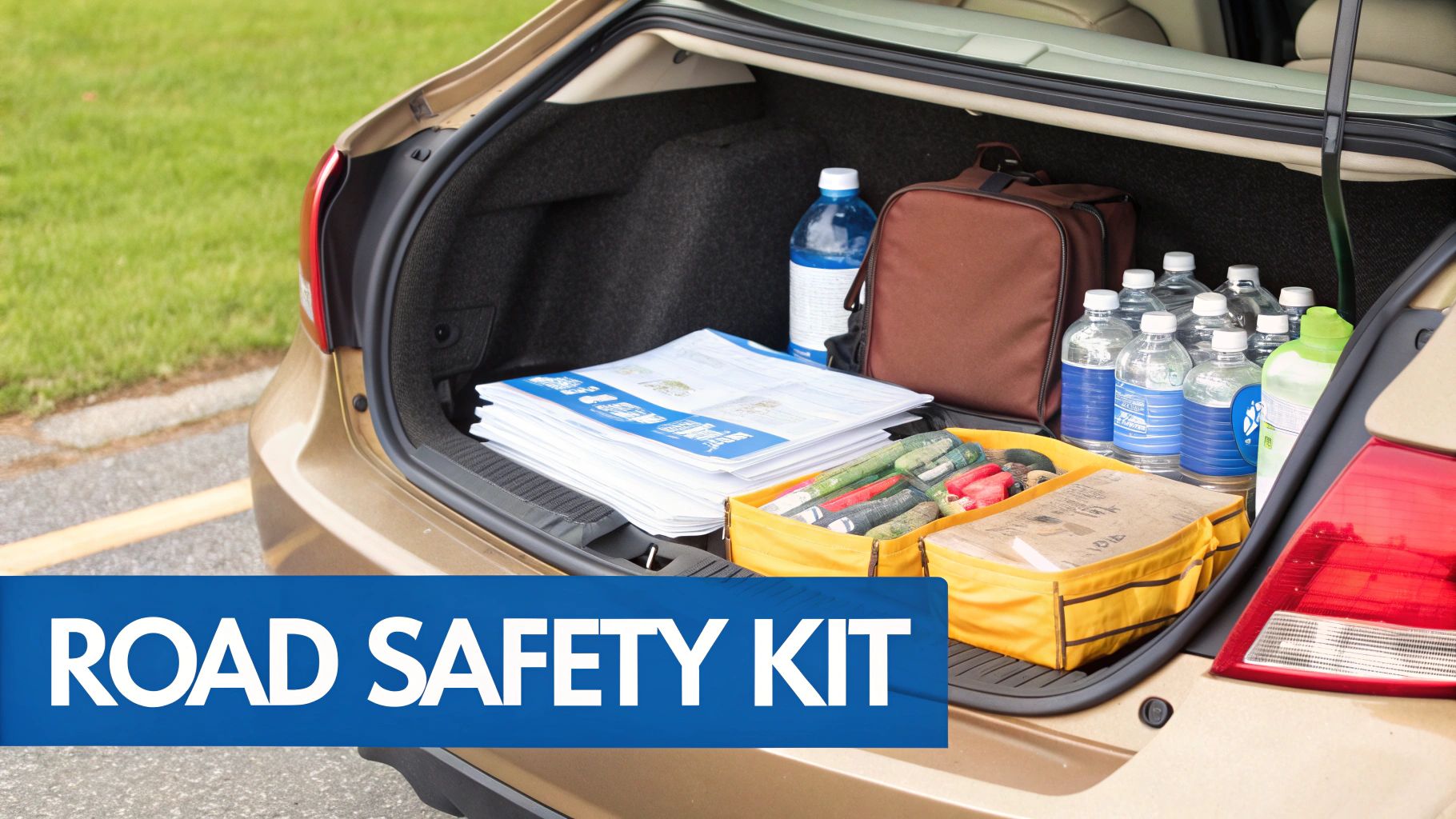 An open car trunk packed with a road safety kit, including water bottles, maps, and tools.