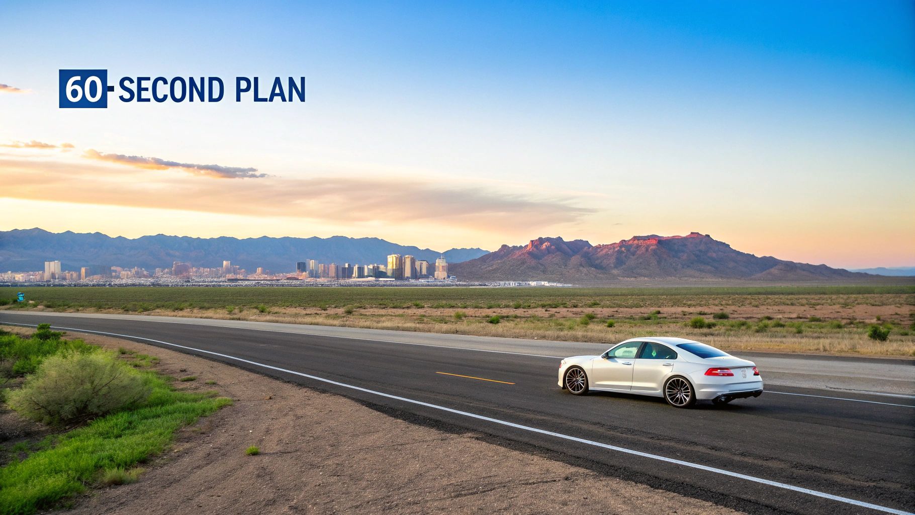 White car on desert highway towards Las Vegas cityscape and mountains at sunset with '60 SECOND PLAN' text.