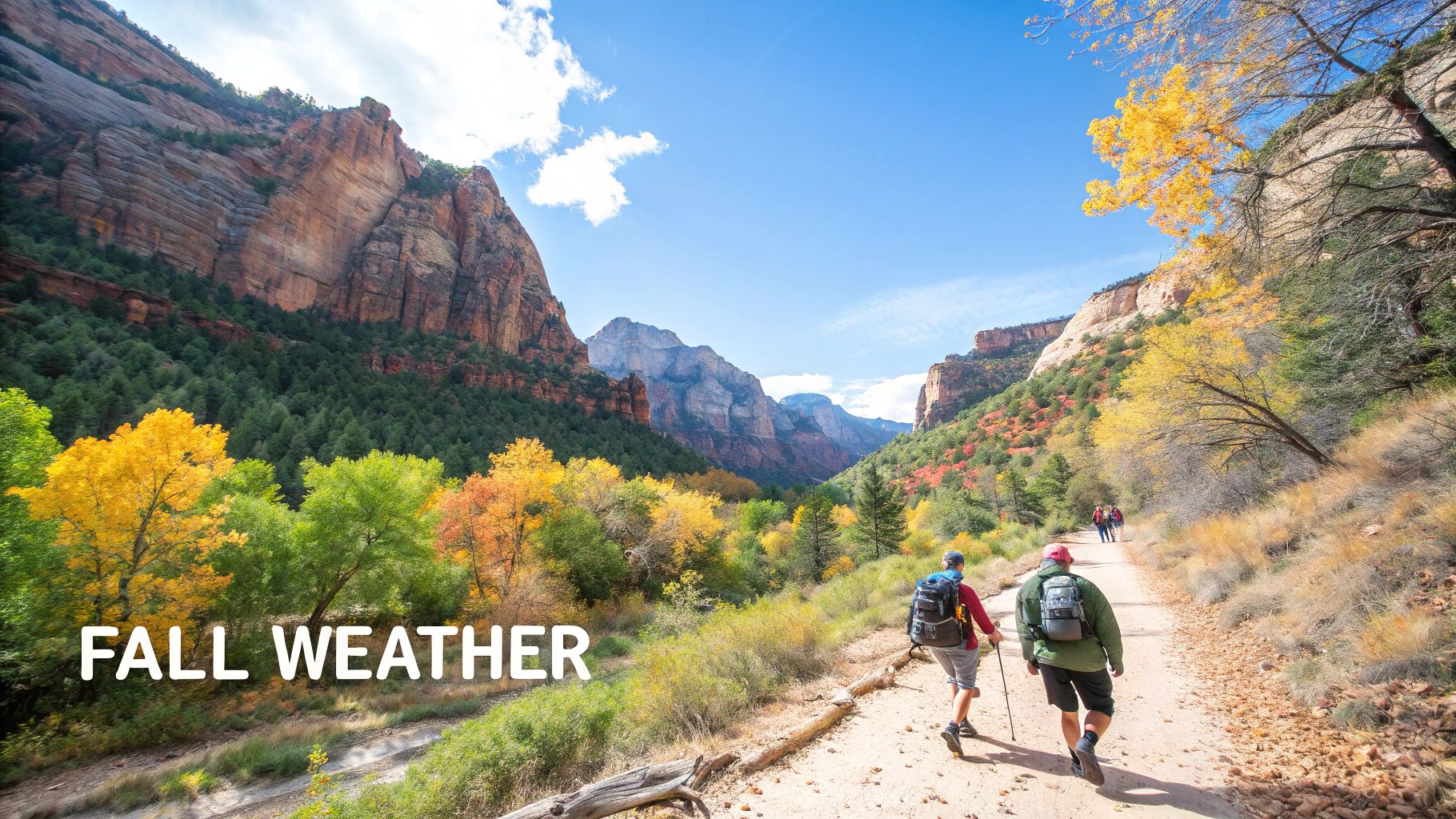 Two hikers walk on a trail through a vibrant canyon filled with colorful fall foliage and majestic rock formations under a blue sky.
