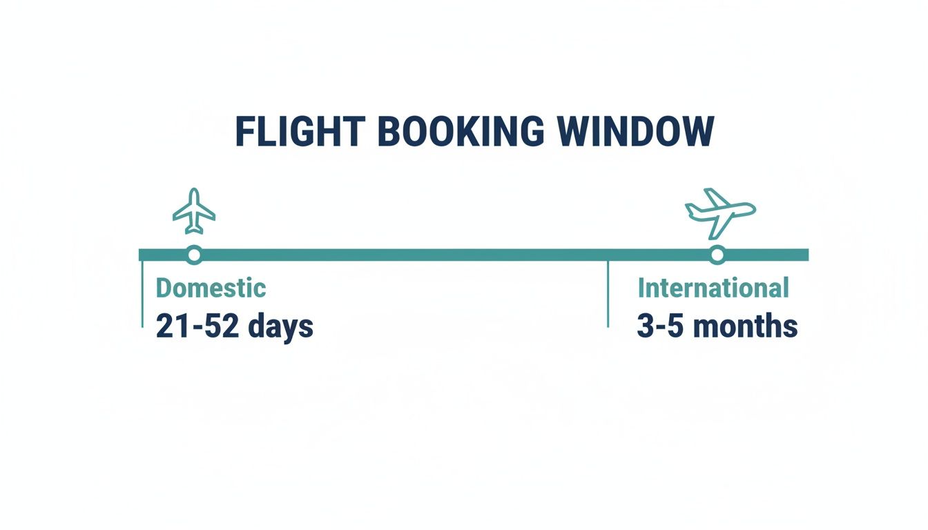 Infographic showing the optimal flight booking window for domestic (21-52 days) and international (3-5 months) flights.