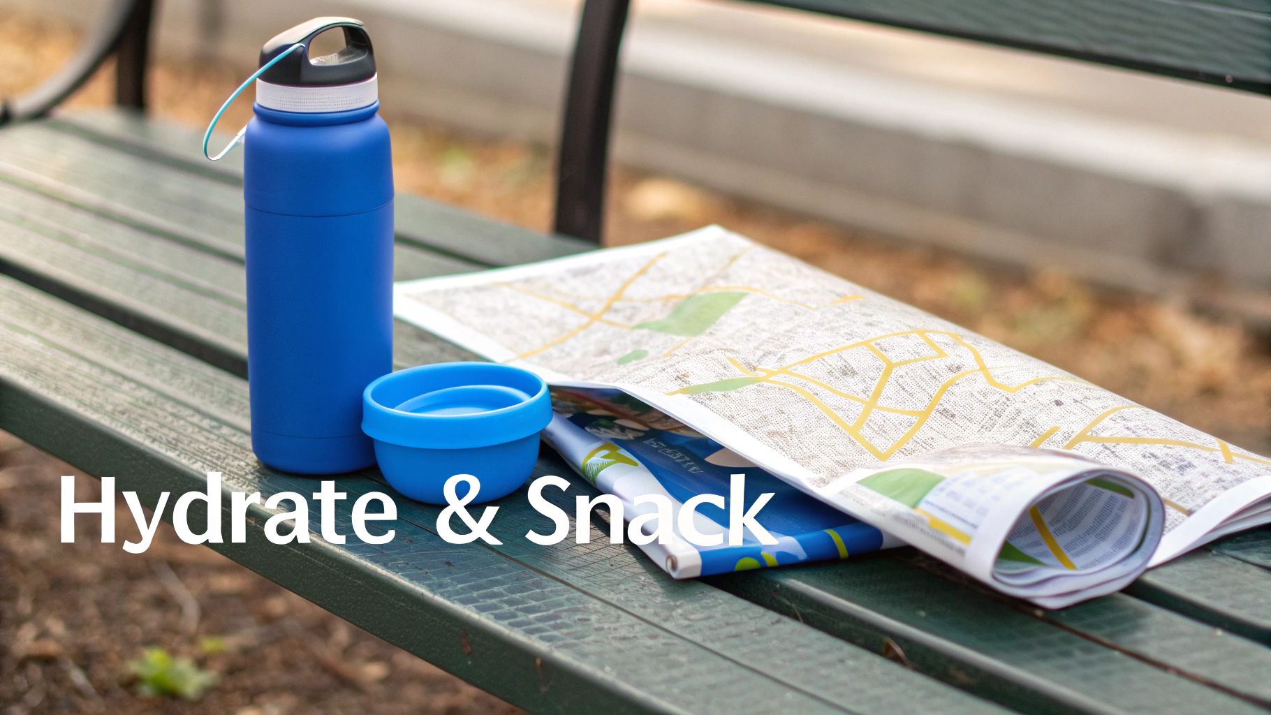 A blue water bottle, a blue snack bowl, and an open map rest on a wooden bench, with 'Hydrate & Snack' overlaid.