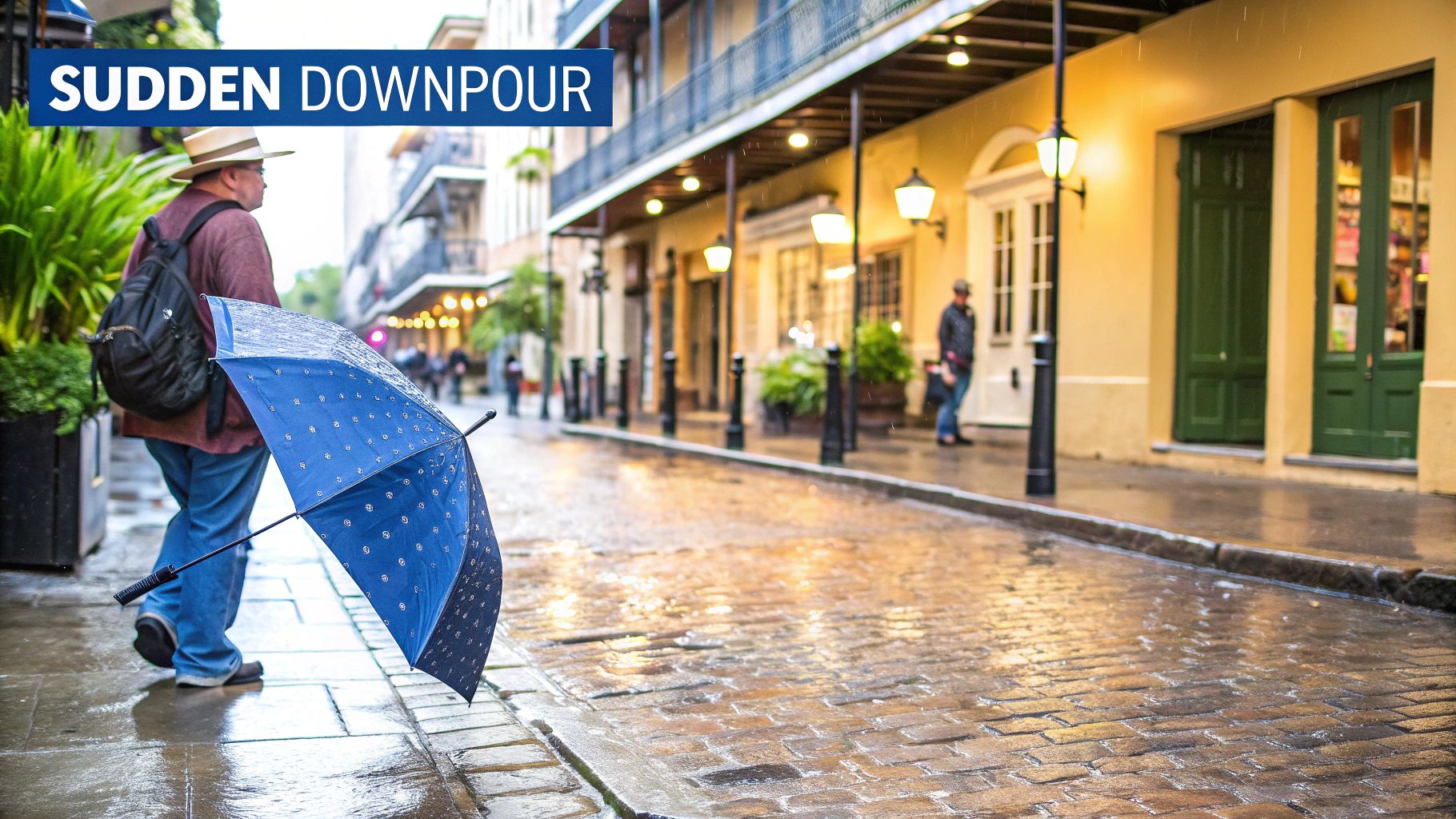 A man with a blue umbrella walks on a wet cobblestone street during a sudden downpour.