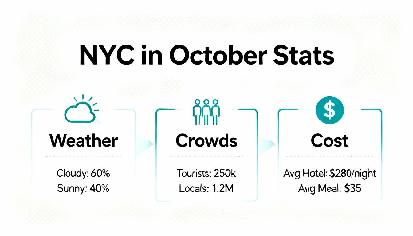 Infographic showing New York City in October statistics: weather conditions, crowd numbers, and average travel costs.