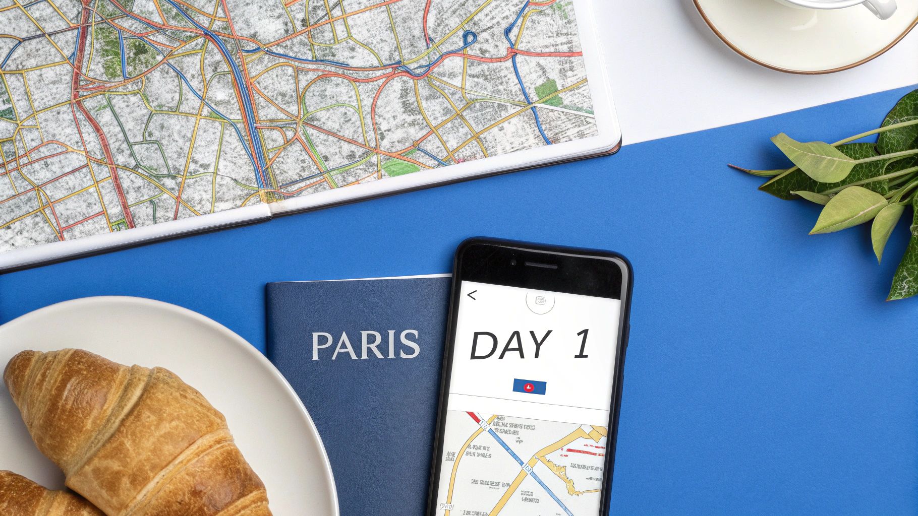 A flat lay of travel essentials for Paris including a map, passport, smartphone, and croissants.