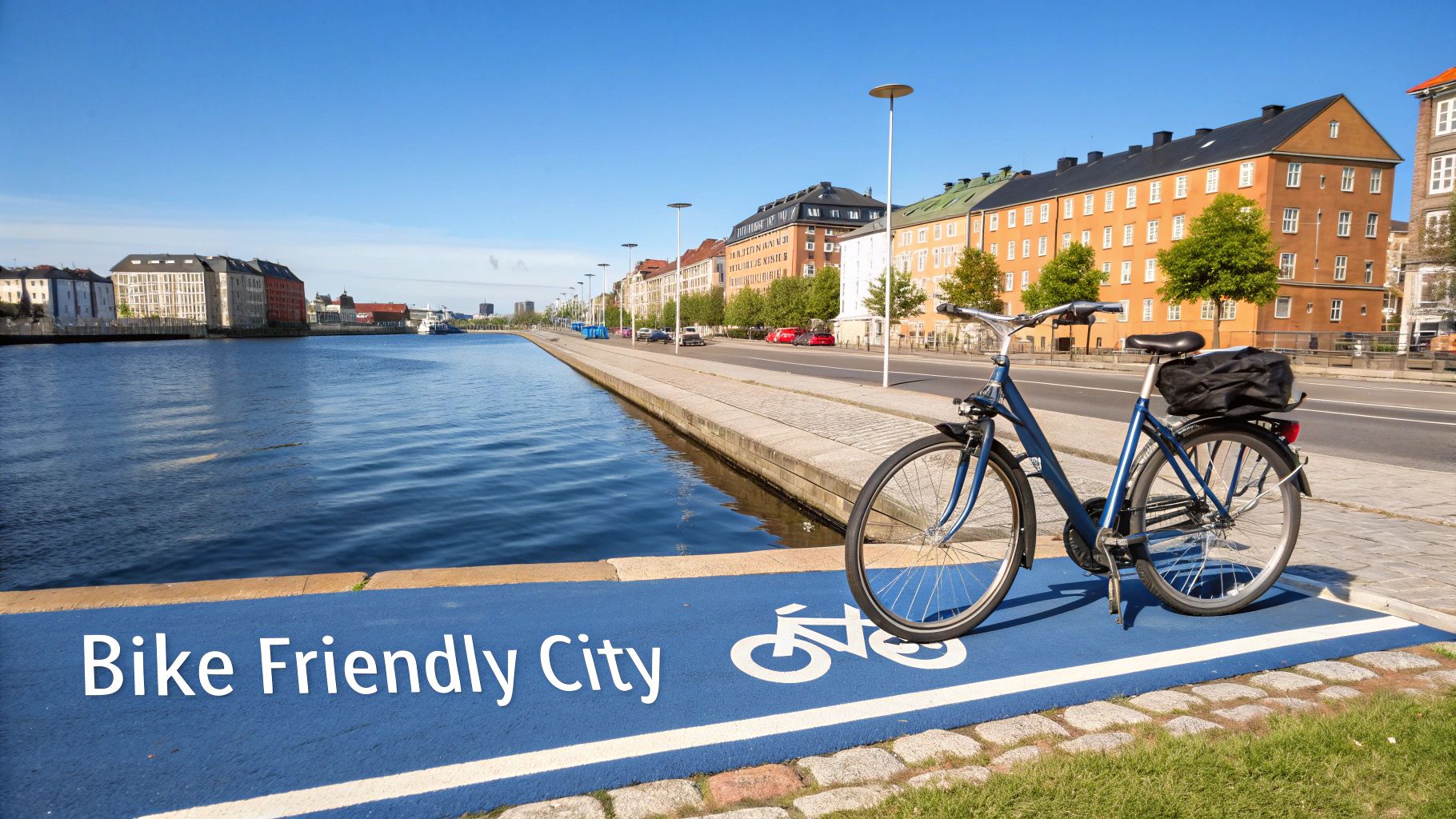 A blue bike parked on a blue bike path next to a canal in a bike-friendly city.