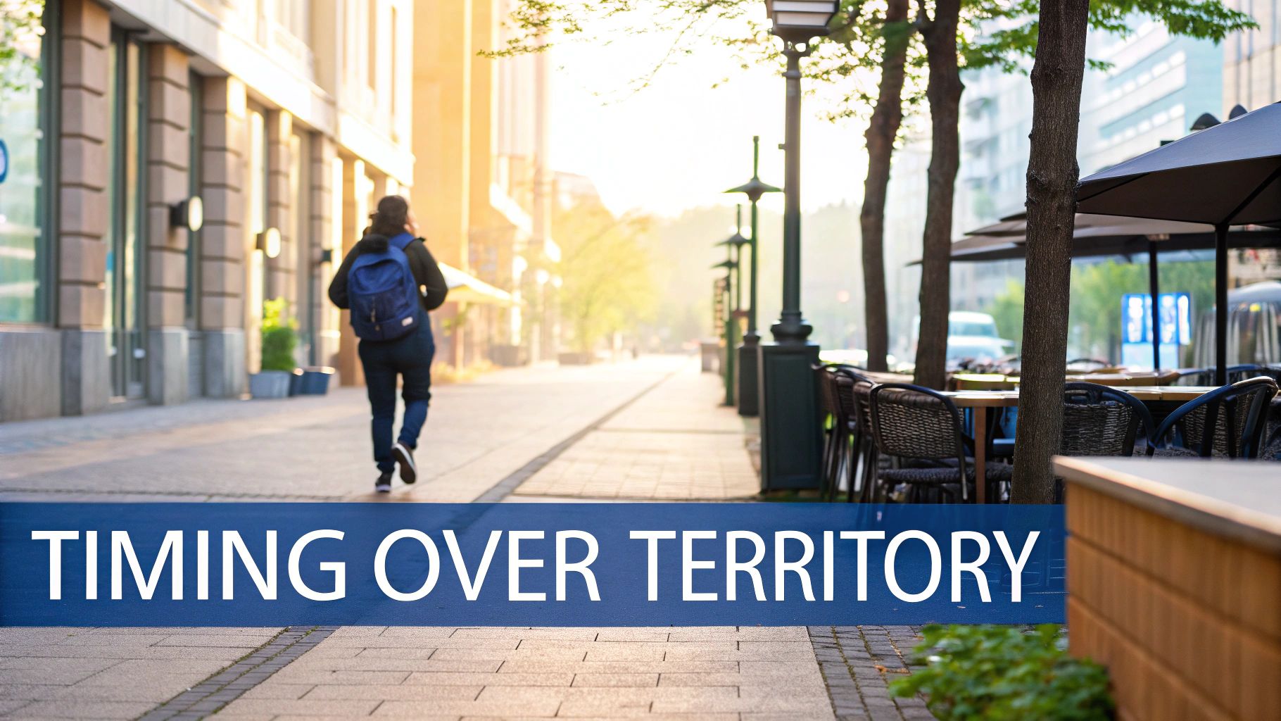 A person with a blue backpack walks down a sunny city street past buildings and outdoor cafes.