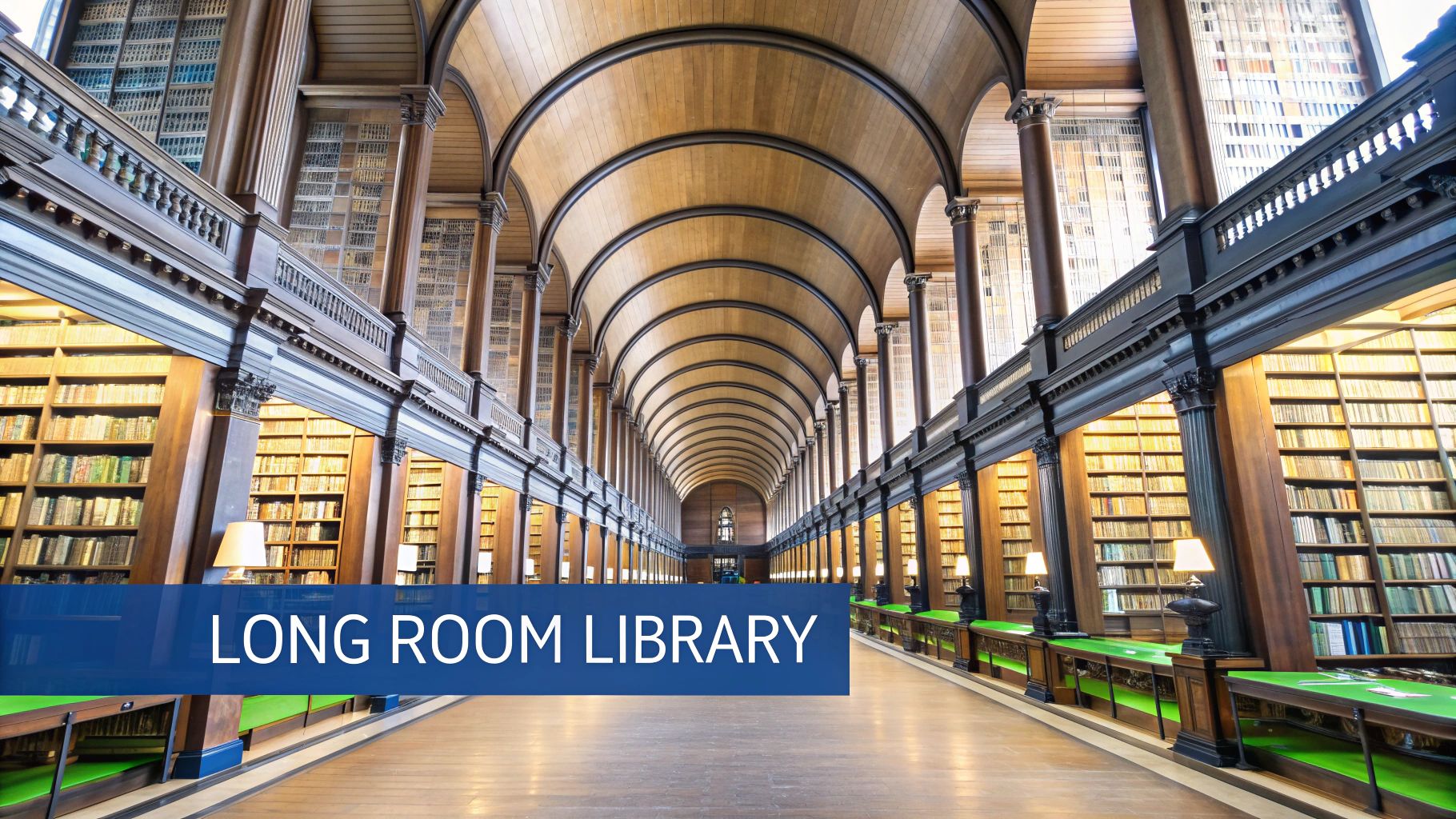 A grand, long library hall with towering wooden bookshelves, arched ceilings, and study tables.