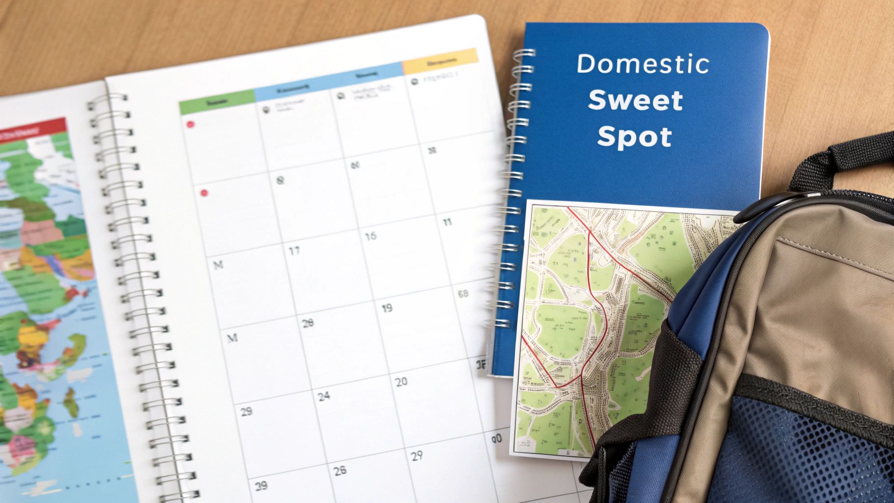 Flat lay of a calendar, world map, 'Domestic Sweet Spot' notebook, and a small backpack for travel planning.