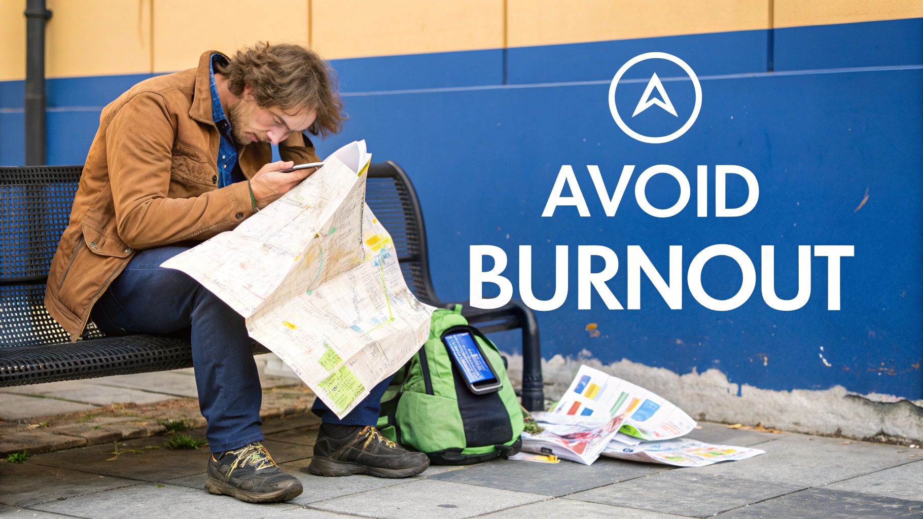 A man on a bench looking at a map and phone, with text 'Avoid Burnout'.