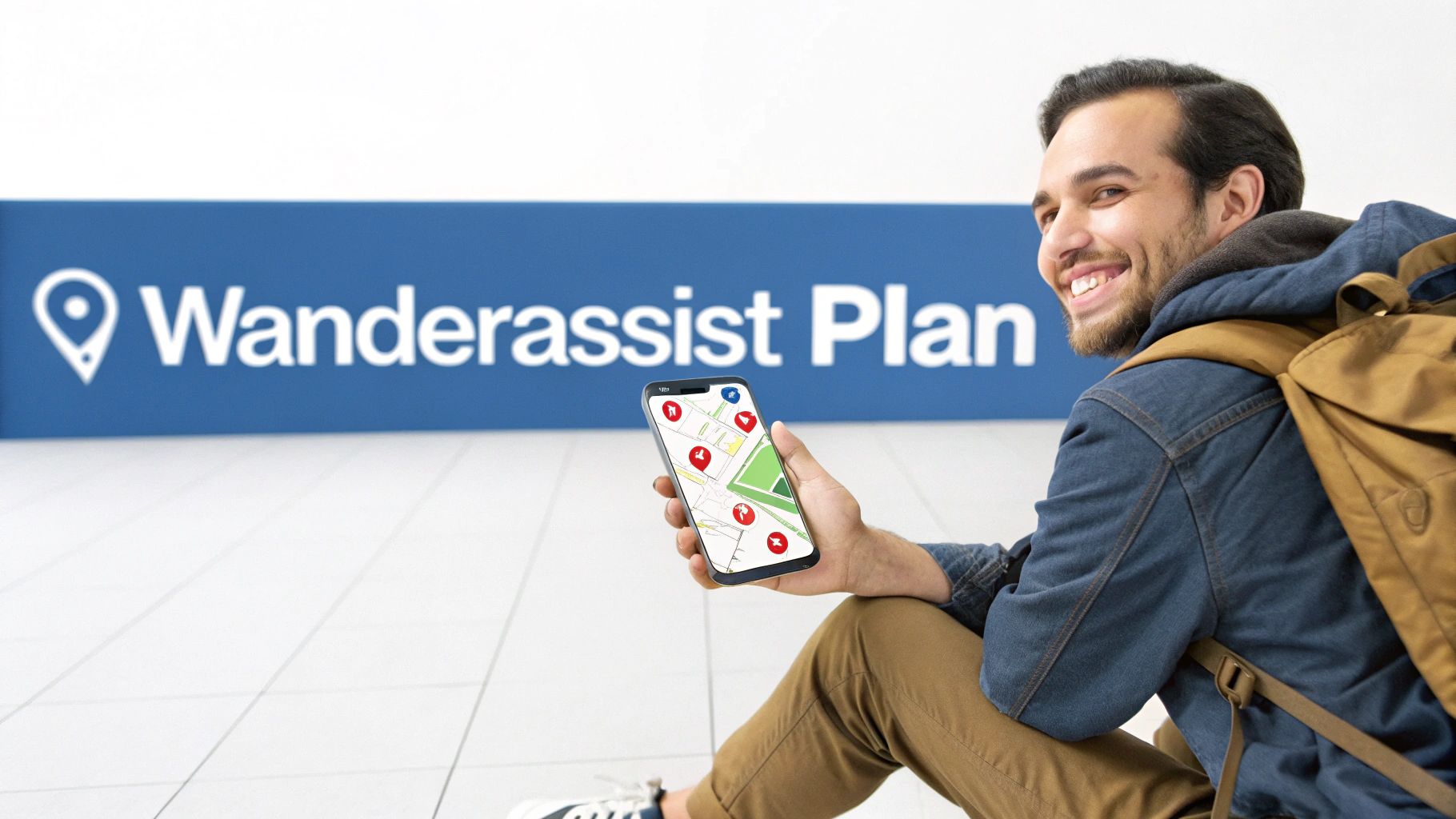 A smiling man with a backpack holds a smartphone displaying a map app, next to a "Wanderassist Plan" sign.
