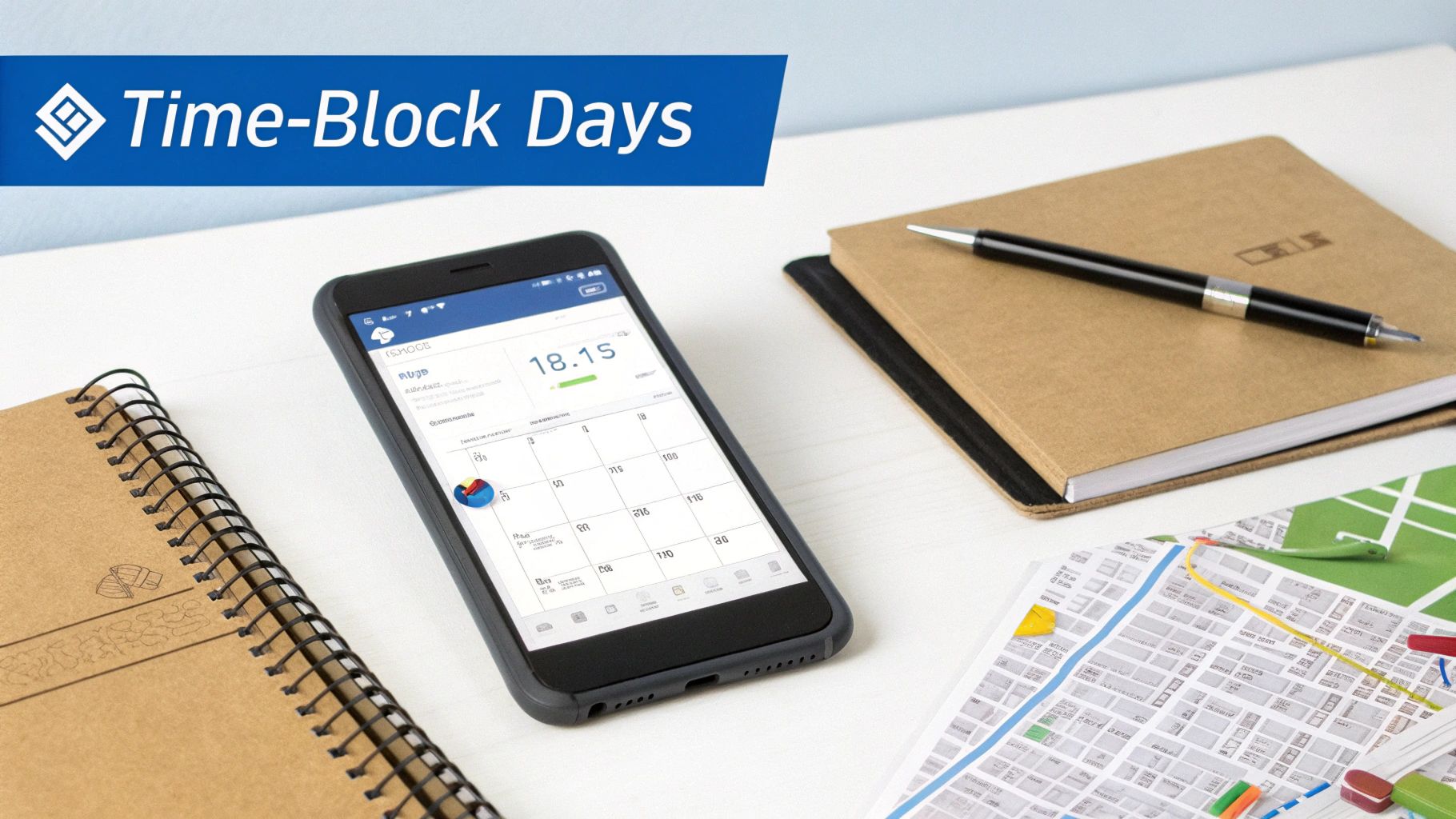 Time-blocking concept with a smartphone scheduling app, notebooks, pen, and a map on a white desk.