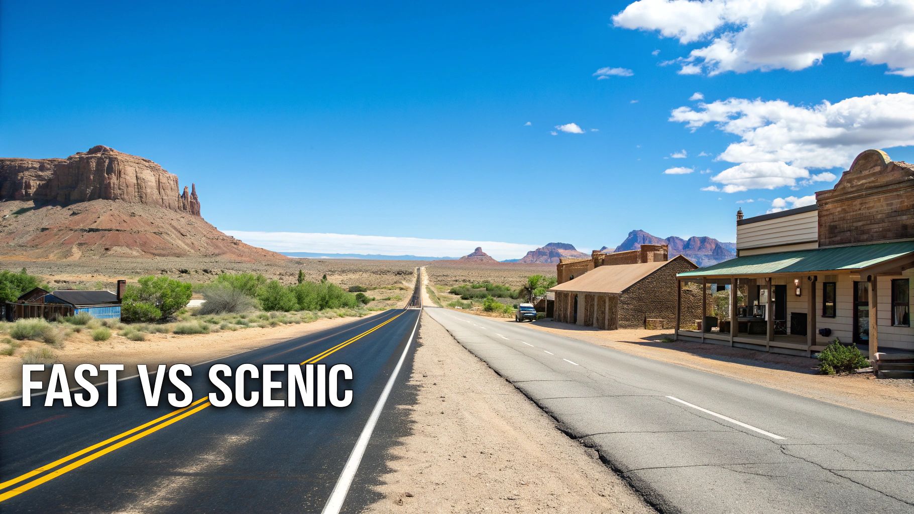 A desert landscape featuring a split road: one extends into a vast plain, the other passes old western buildings.