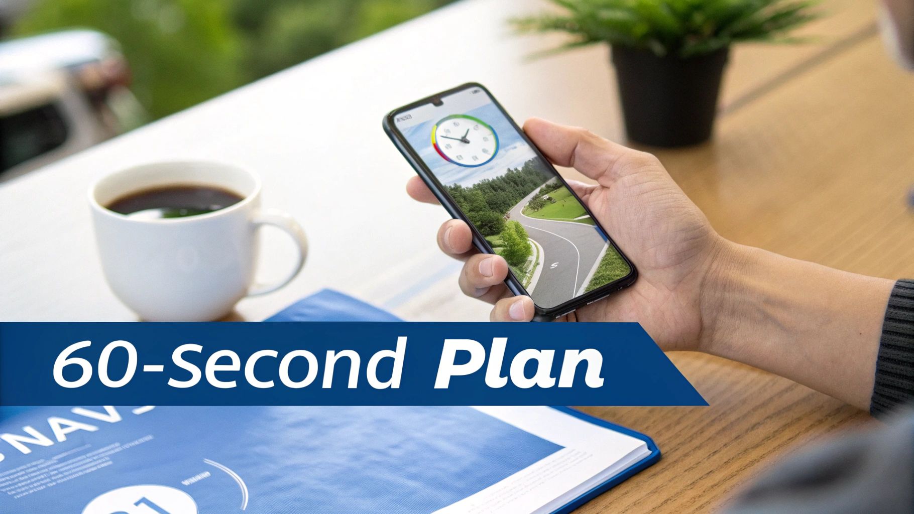 Person holds a smartphone showing a navigation app and a clock, with '60-second Plan' text on a blue banner.