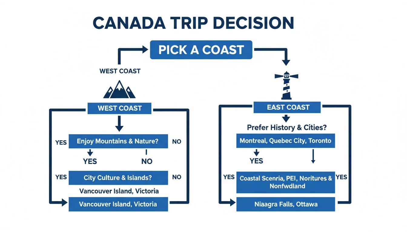 Flowchart guiding Canada trip decisions based on preferences for West or East Coast activities.