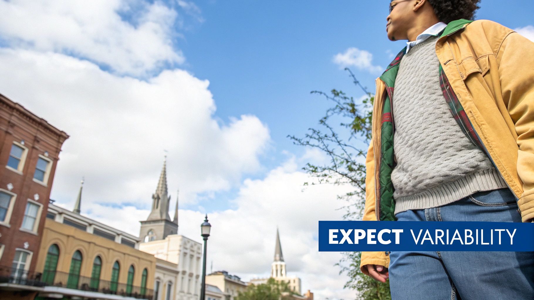 A man in a yellow jacket walks down a city street with historic buildings and spires.