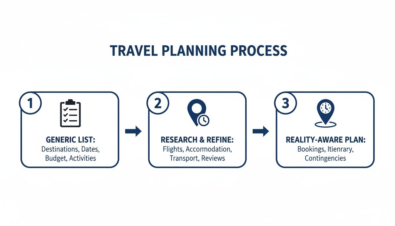 A flowchart outlining the three-step travel planning process: Generic List, Research & Refine, and Reality-Aware Plan.