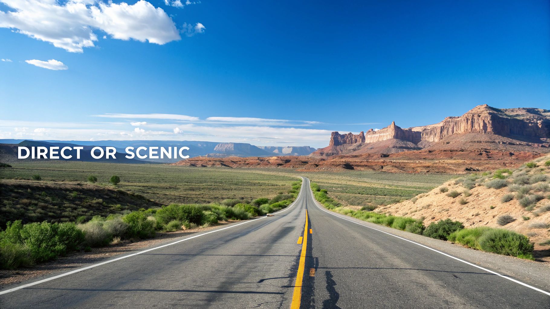 A long desert road stretches towards distant red rock mountains under a bright blue sky with clouds.