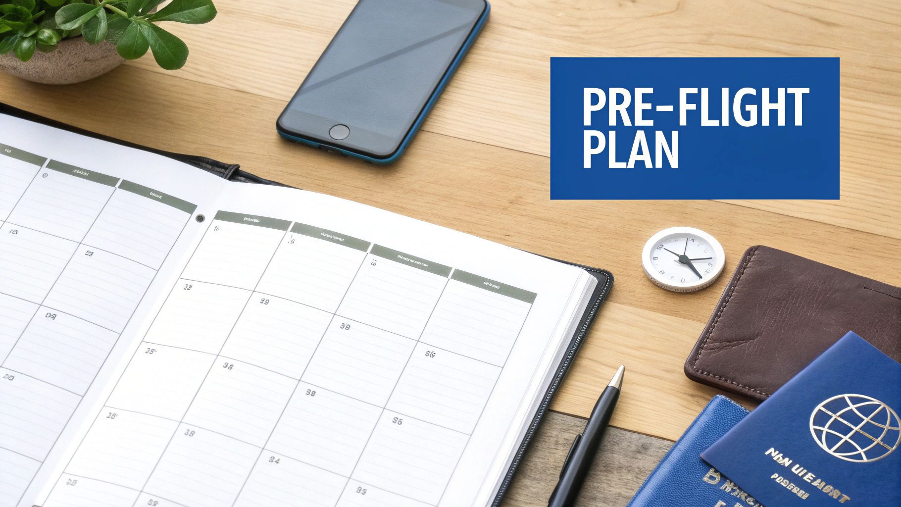 Desk with open planner, phone, passports, and a 'PRE-FLIGHT PLAN' sign, ready for travel.