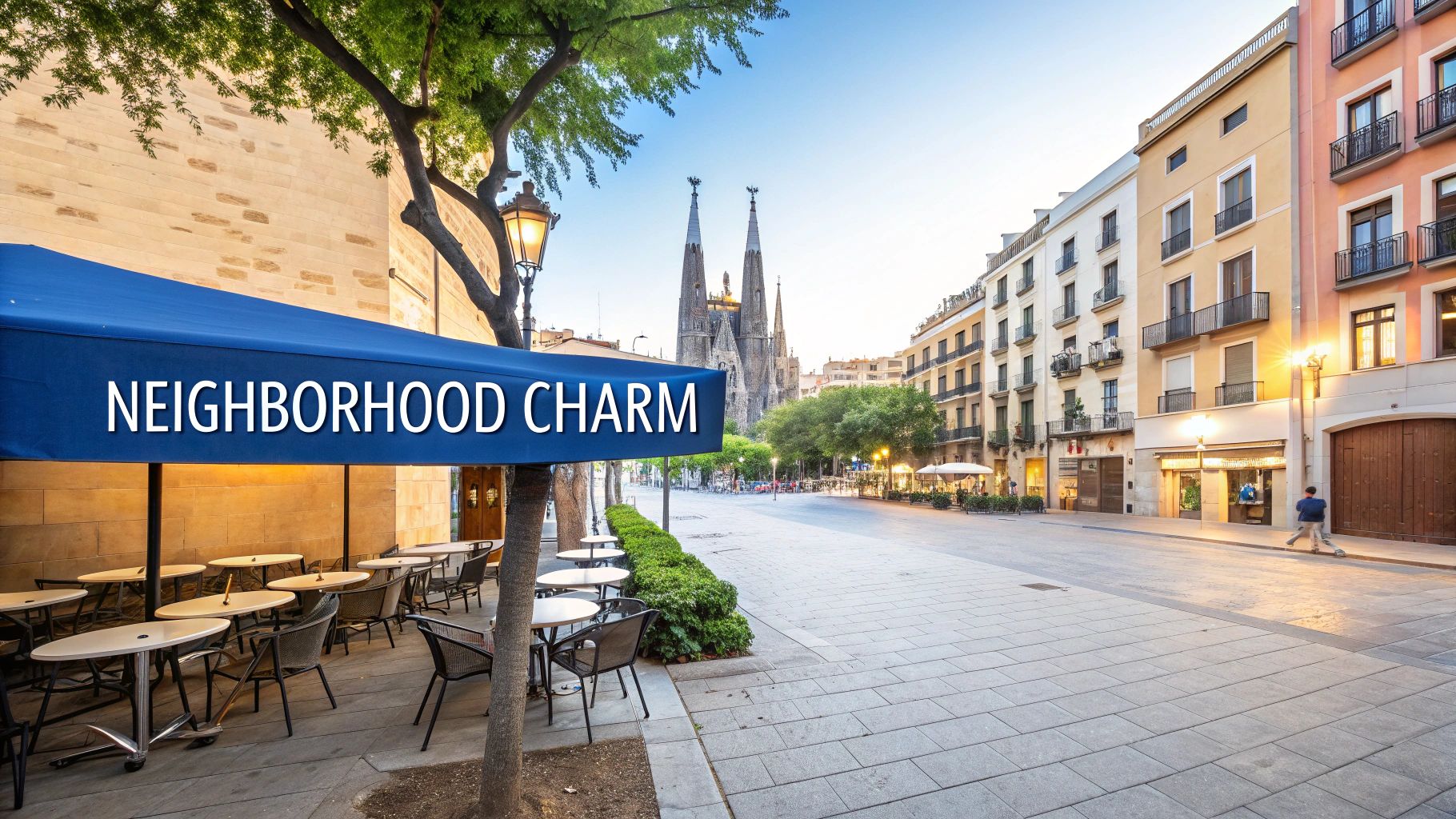 A vibrant European neighborhood street scene with an outdoor cafe and a large cathedral in the background.