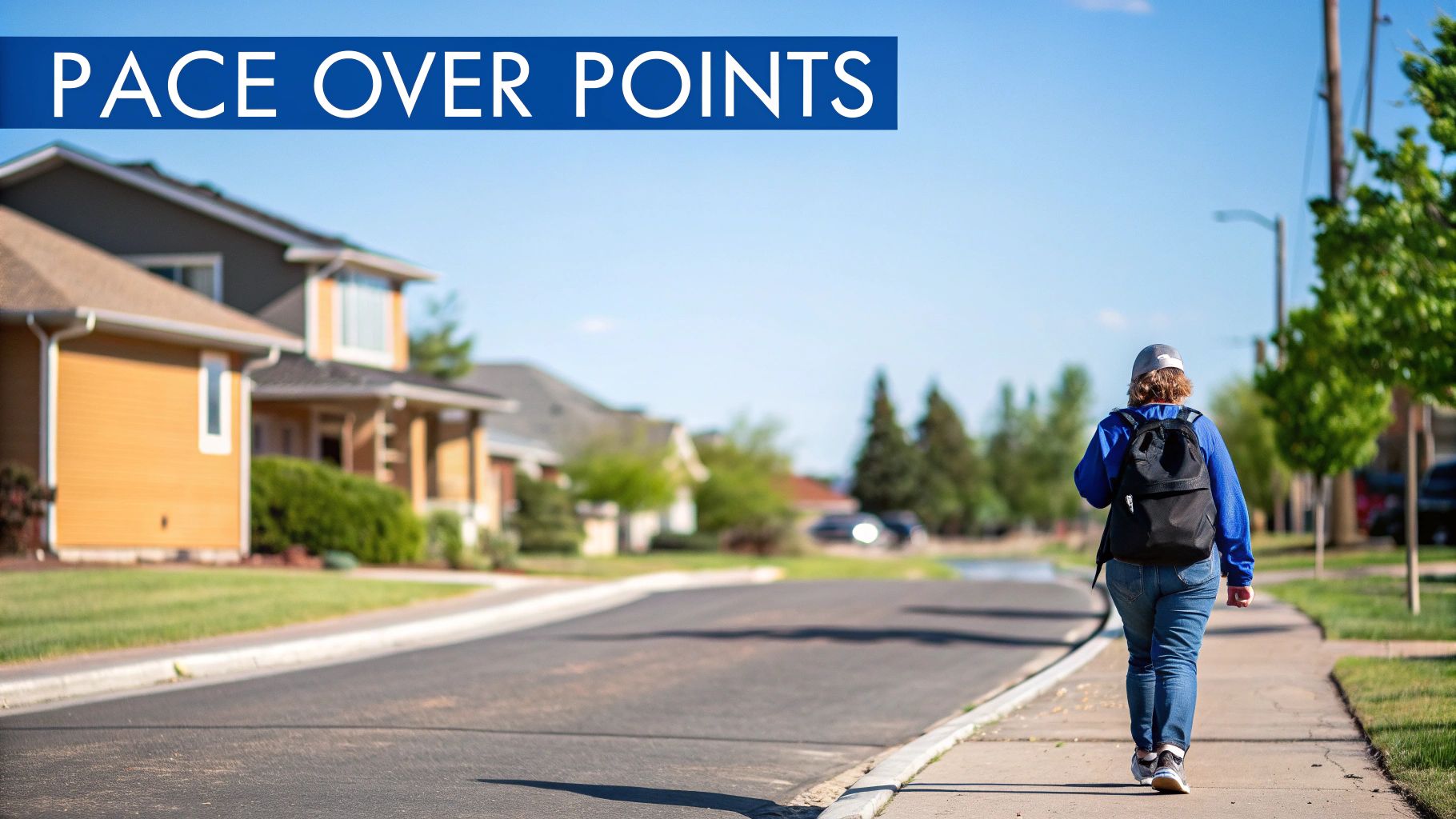 A person with a backpack walks on a sidewalk in a sunny residential neighborhood, with 'PACE OVER POINTS' text.