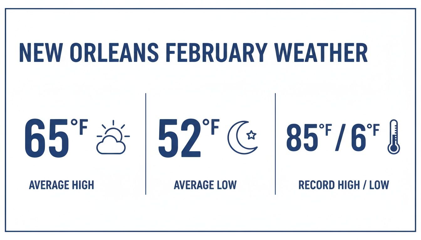New Orleans February weather graphic showing average high 65°F, average low 52°F, and record temperatures.
