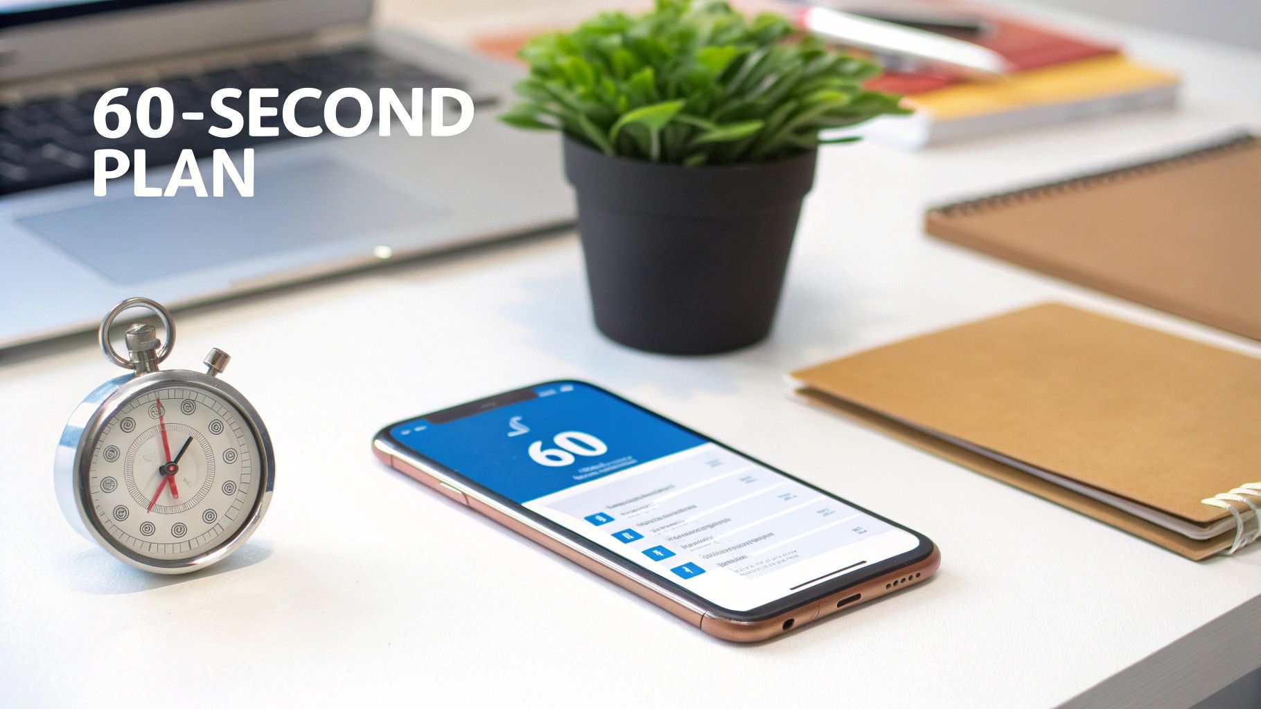 Desk setup with stopwatch, smartphone showing '60', laptop, plant, and notebooks, highlighting a '60-SECOND PLAN'.
