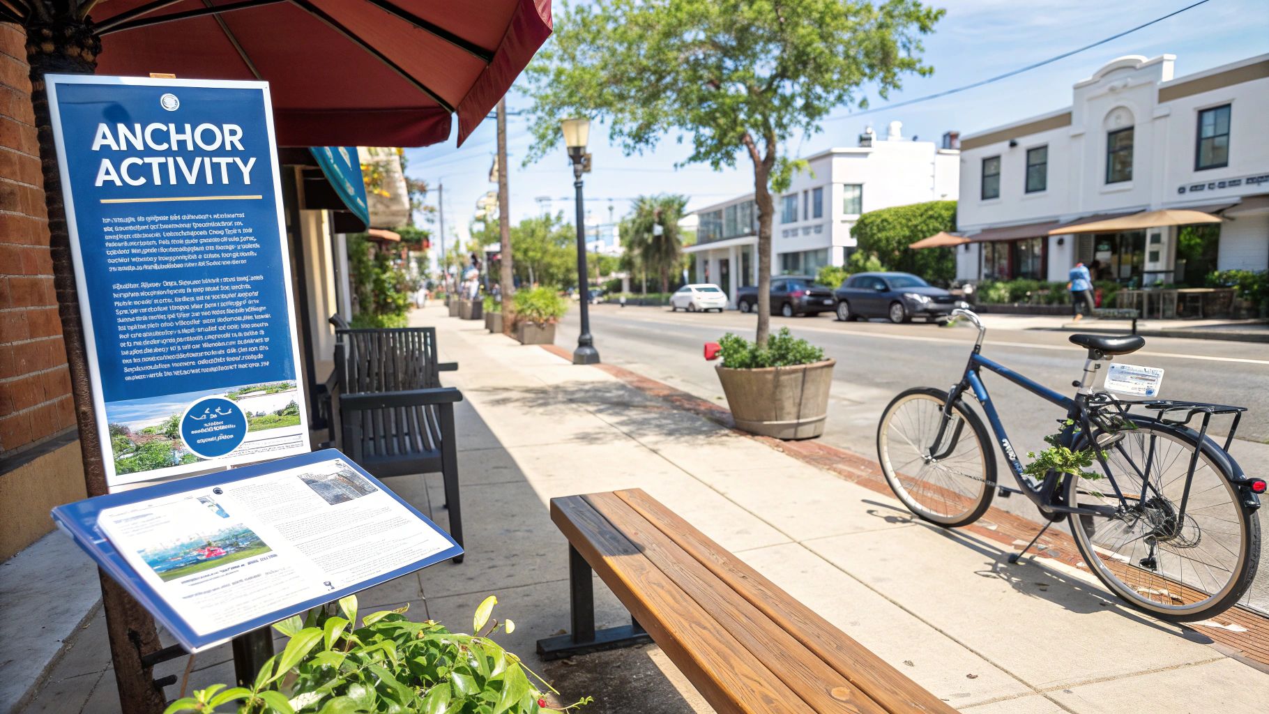 A vibrant street scene featuring an "Anchor Activity" sign, a blue bicycle, and buildings.