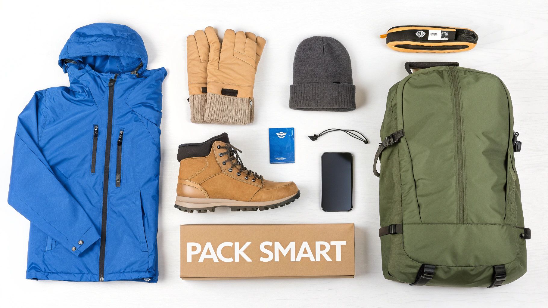 A flat lay of outdoor and travel essentials, including a blue jacket, boots, gloves, and a green backpack.