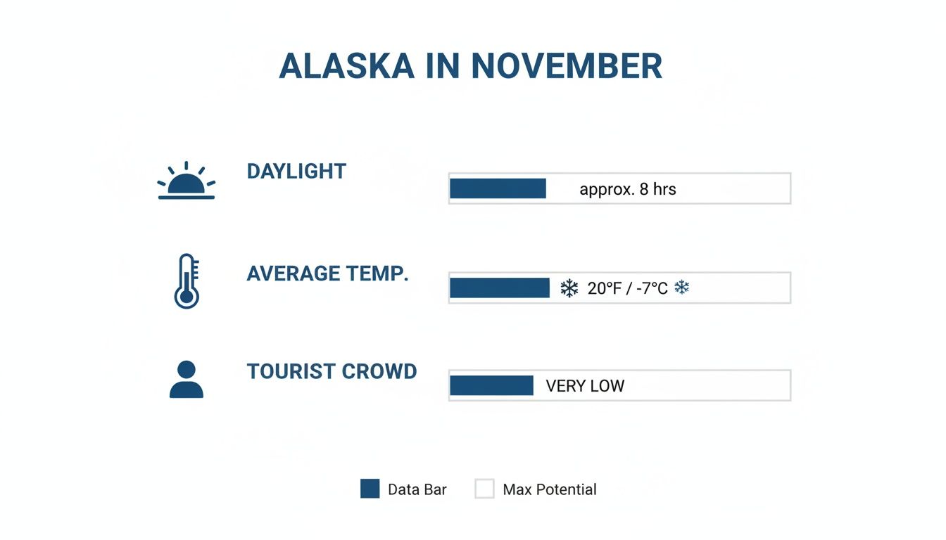 Infographic displaying key details about Alaska in November, including daylight hours, average temperature, and tourist crowd levels.