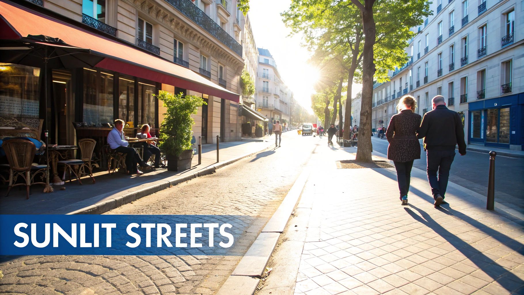 A vibrant, sun-drenched street in Paris, with pedestrians, outdoor cafes, and historic buildings.