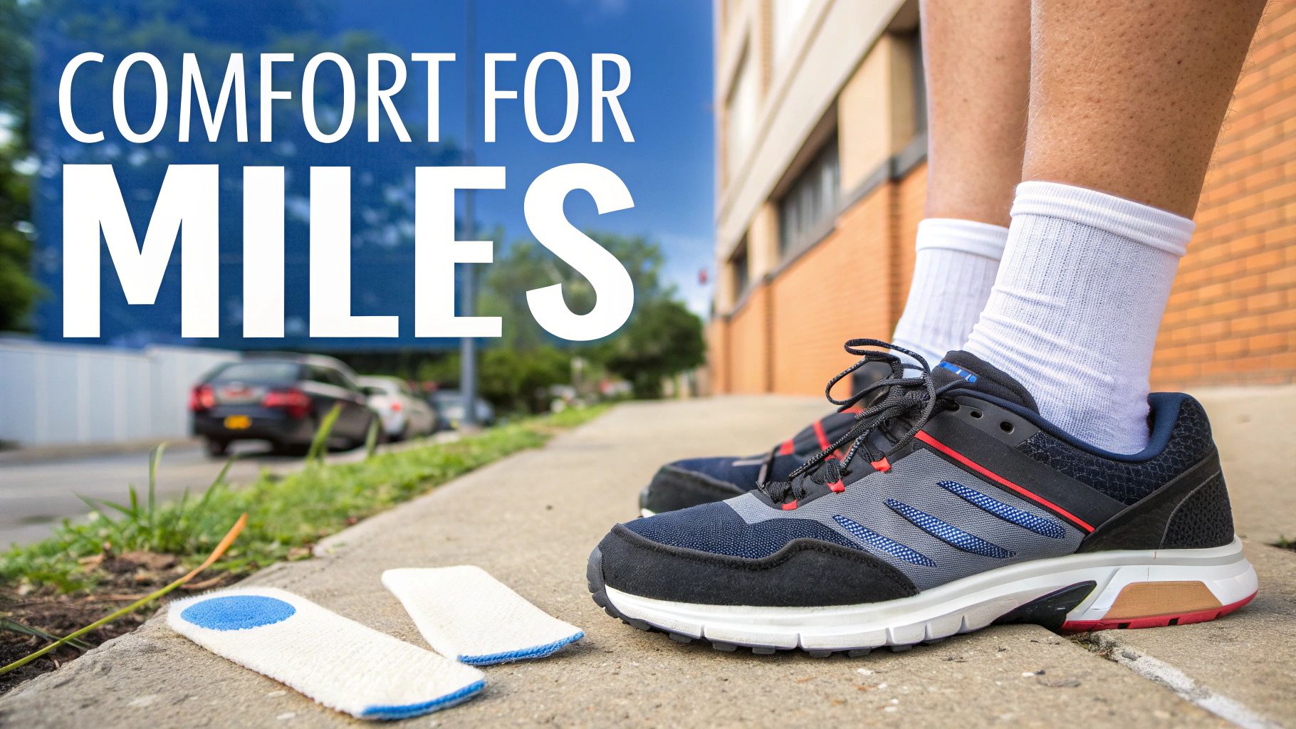A person wears blue and gray running shoes and white socks on a sidewalk with shoe inserts, text reads "COMFORT FOR MILES".