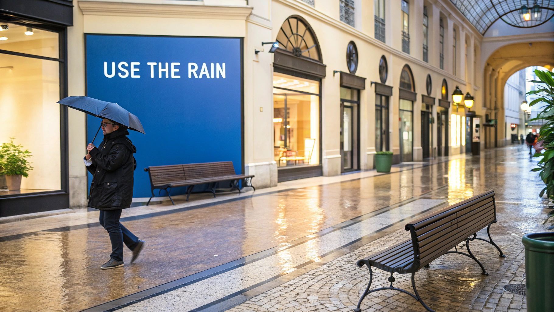 A person walks with an umbrella on a wet street in a covered gallery, with a blue wall saying 'USE THE RAIN'.