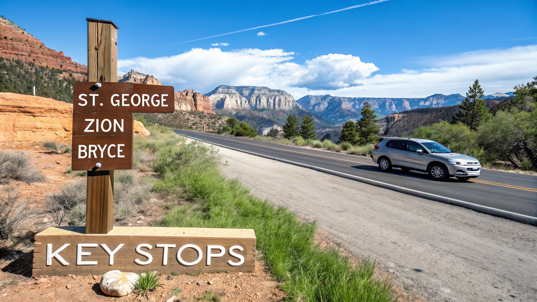 A car drives past a wooden sign pointing to Zion and Bryce Canyon on a scenic desert road.