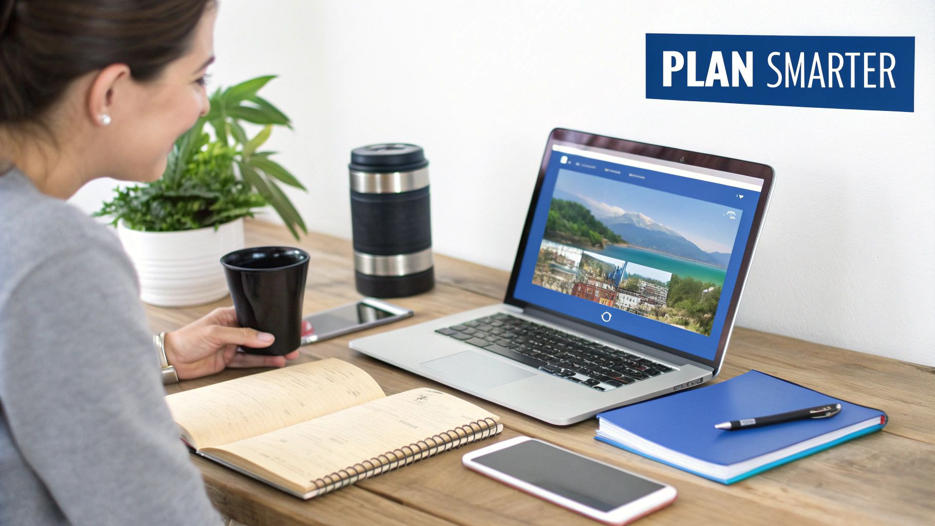 Woman happily planning a trip on a laptop, displaying scenic travel destinations, surrounded by a notepad, coffee, and a phone on a wooden desk.