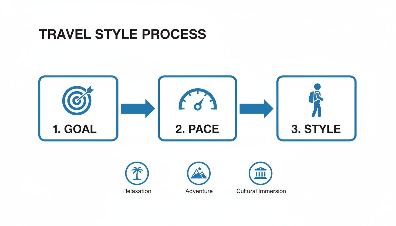 Infographic detailing the three-step 'Travel Style Process': Goal, Pace, and Style, with style categories.