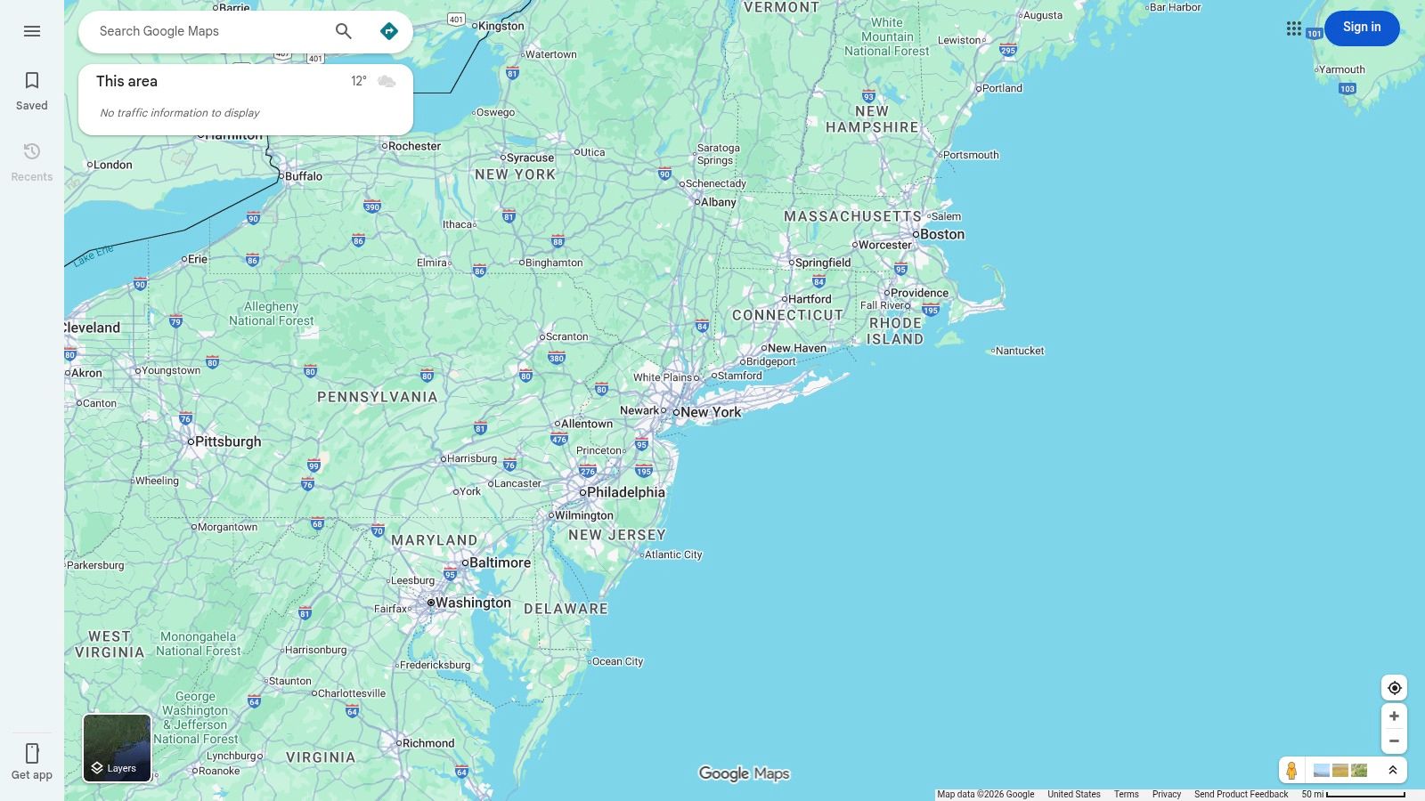 A screenshot of Google Maps showing a map of the United States with various points of interest, illustrating its use for finding locations like restaurants.