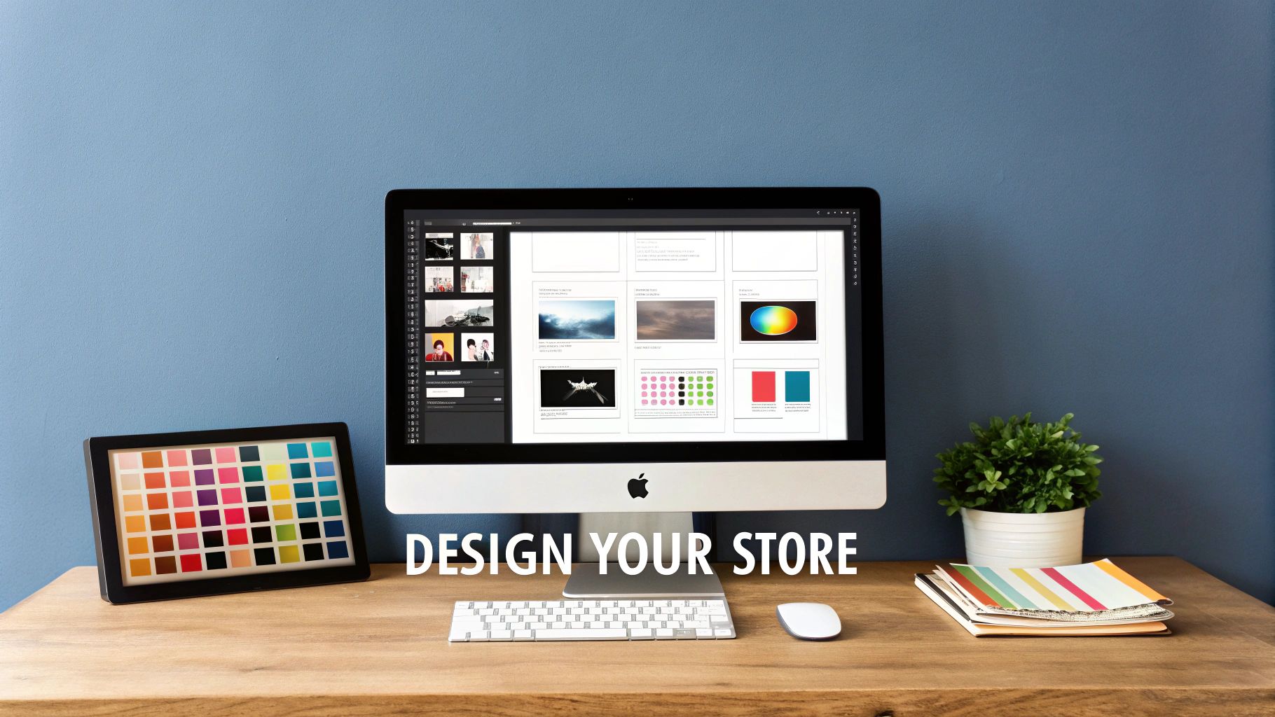 A modern workspace featuring an iMac displaying design software, a color palette, and 'DESIGN YOUR STORE' text.