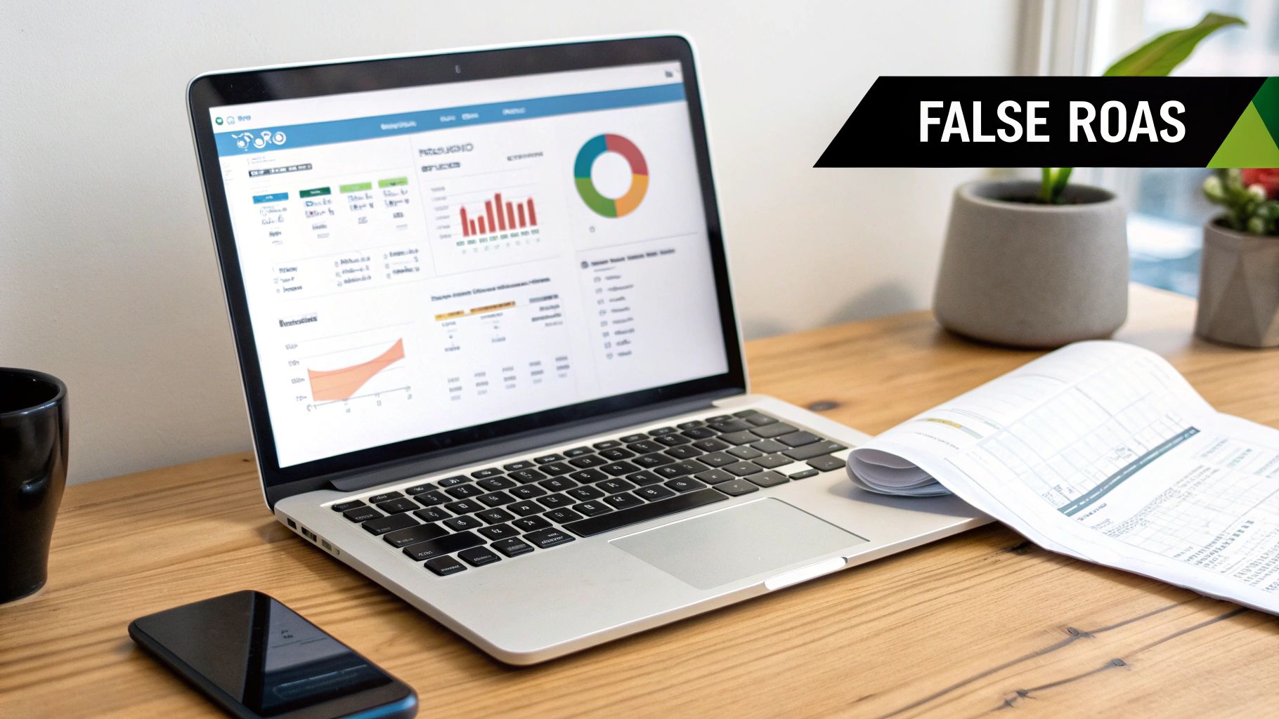 Laptop displaying financial analytics and charts on a desk with a phone and documents.