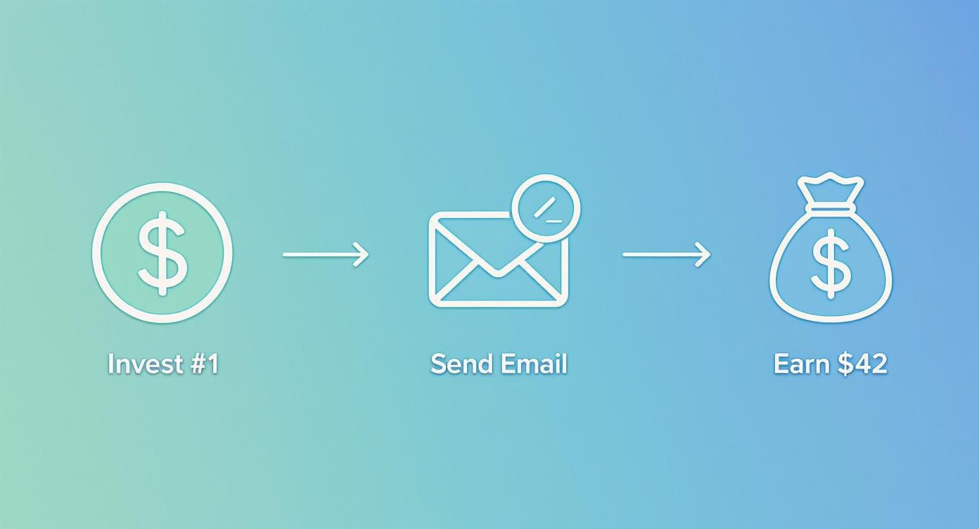 A diagram showing the process: Invest $1, send an email, and earn $42.