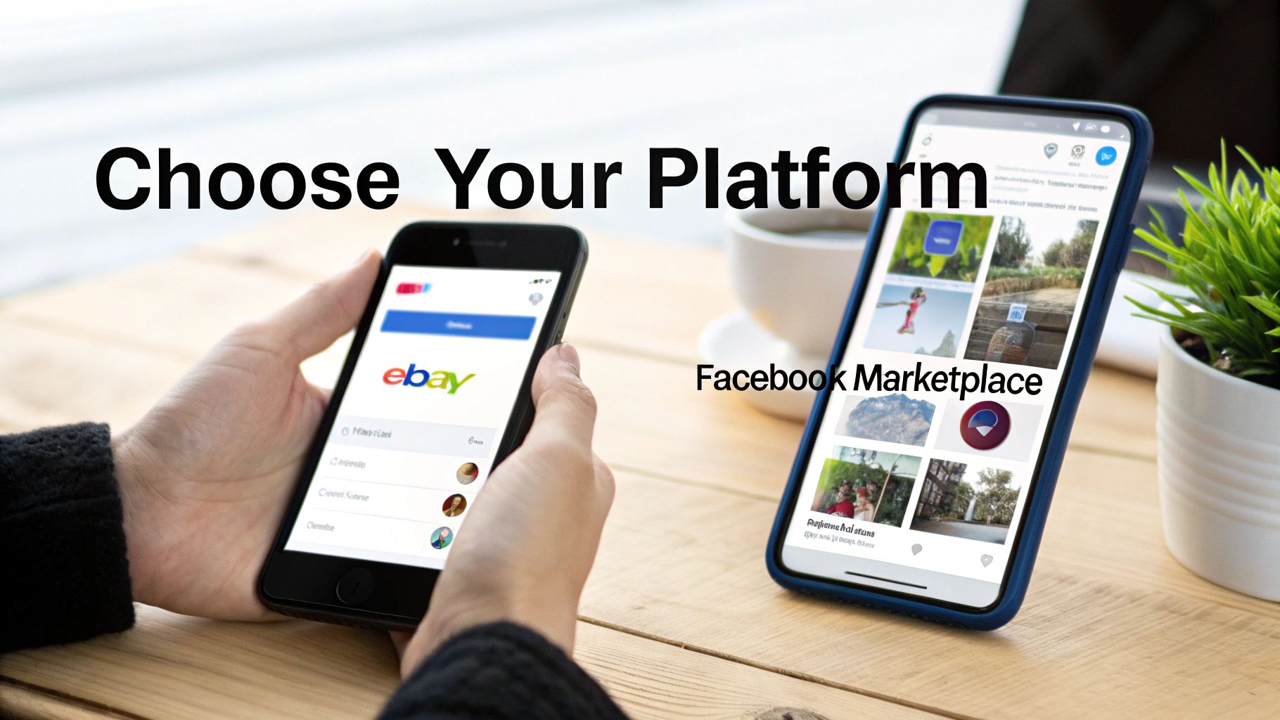 Hands holding smartphones displaying eBay and Facebook Marketplace apps, illustrating platform choice.