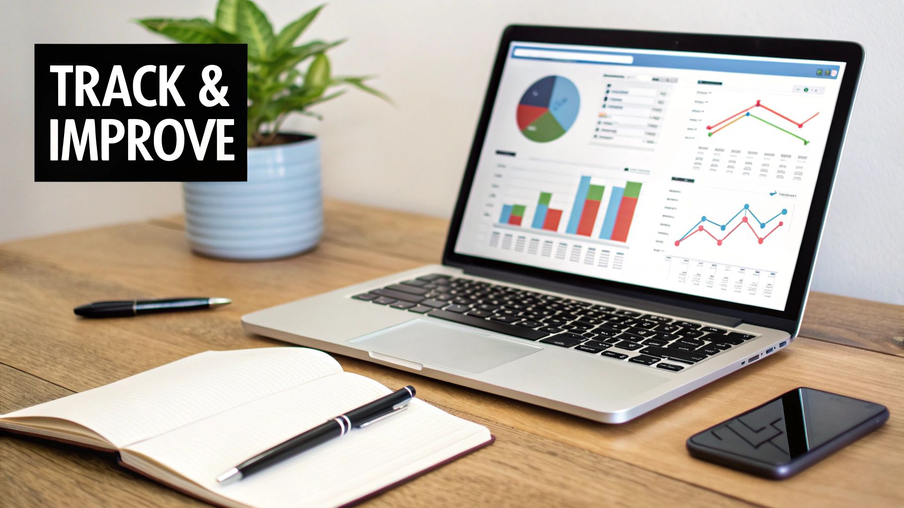 Laptop displaying data analytics charts on a desk with a notebook, pen, and 'TRACK & IMPROVE' text.