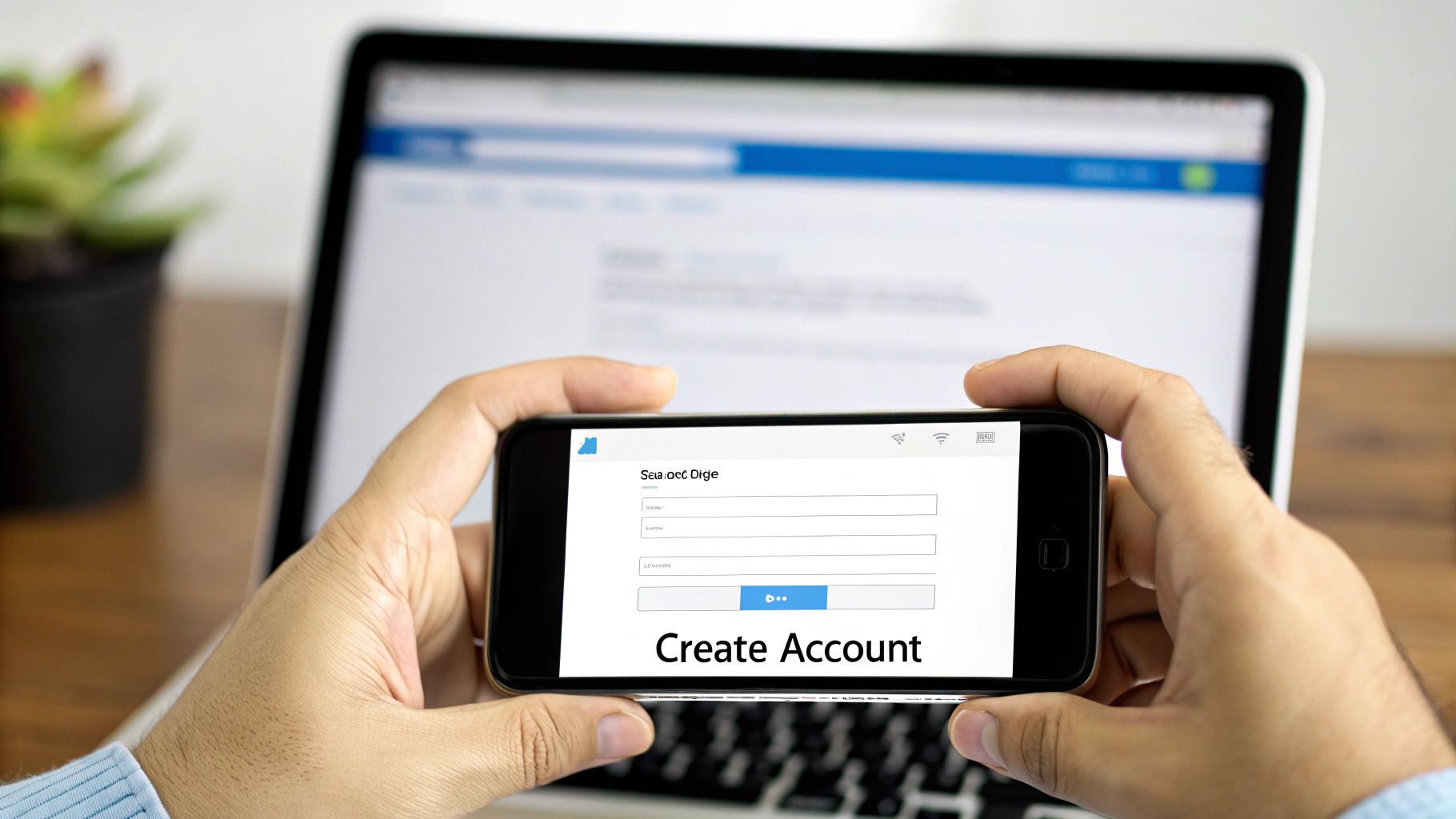 Hands holding a smartphone displaying a 'Create Account' form, with a laptop in the background.