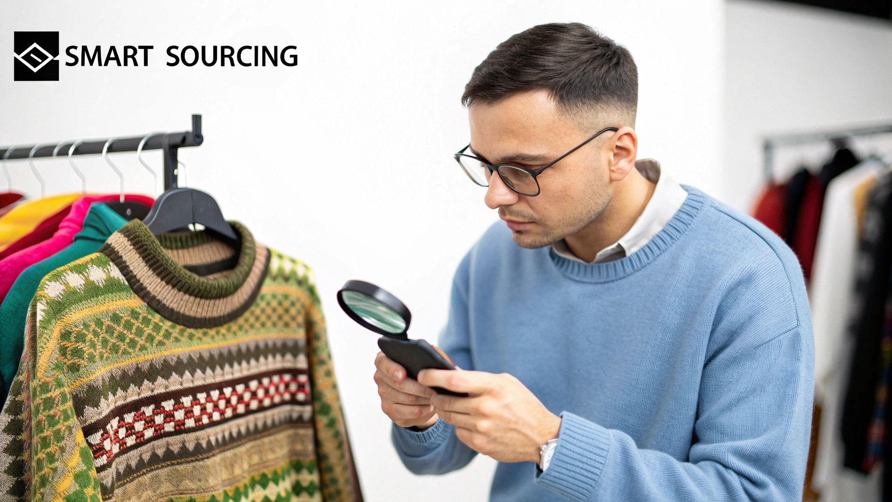 A man in glasses uses a magnifying glass to meticulously inspect a patterned sweater on a clothing rack.